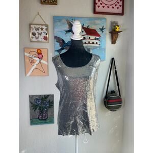 Y2K- Cotton Tank Top- Silver Sequin Gray- sleeveless- casual futuristic Sz XL